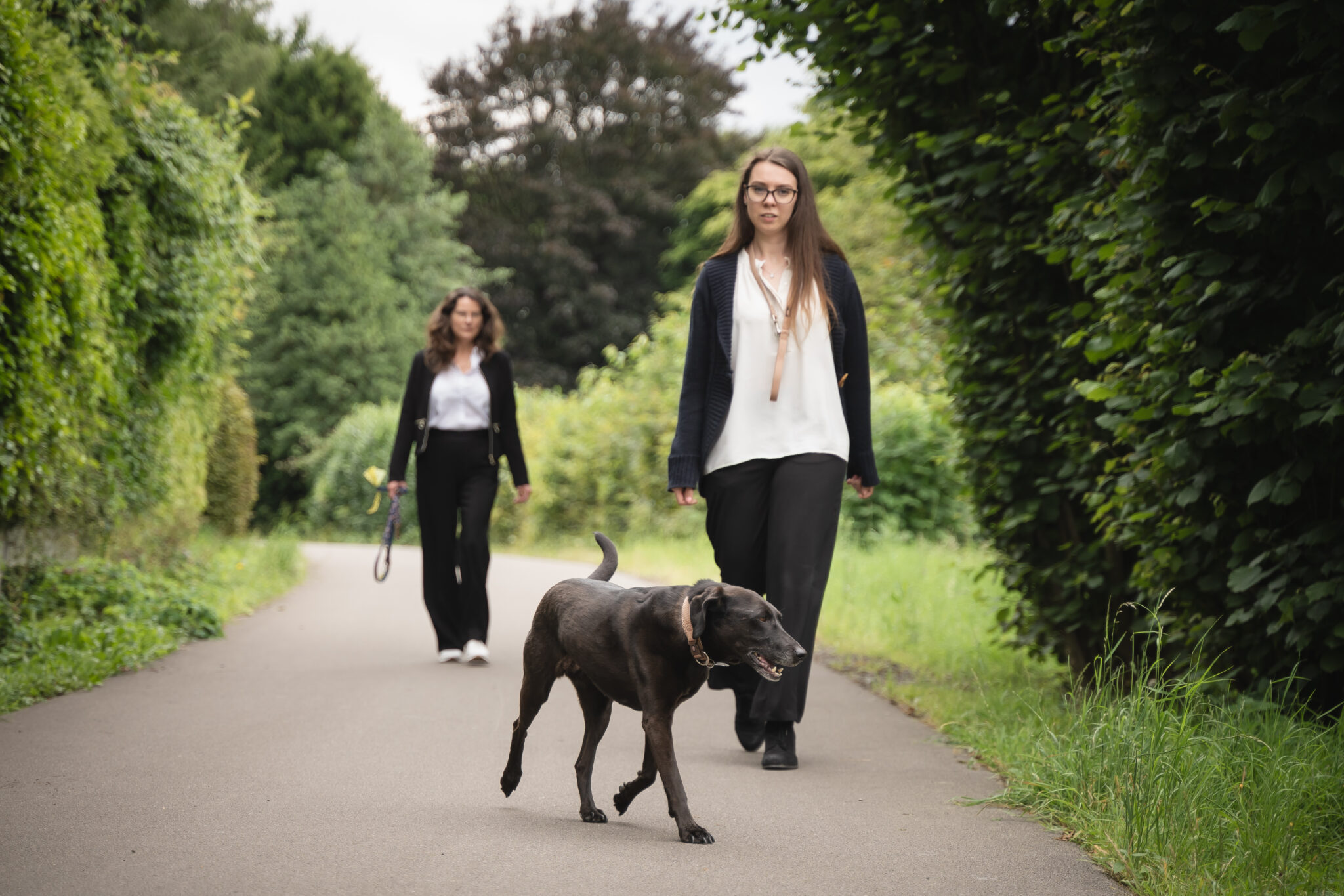 2 weibliche Personen mit einem Hund auf einem Spaziergang